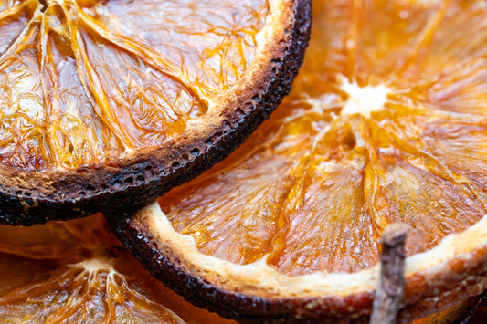 Close-up of dried orange slices with visible pulp.